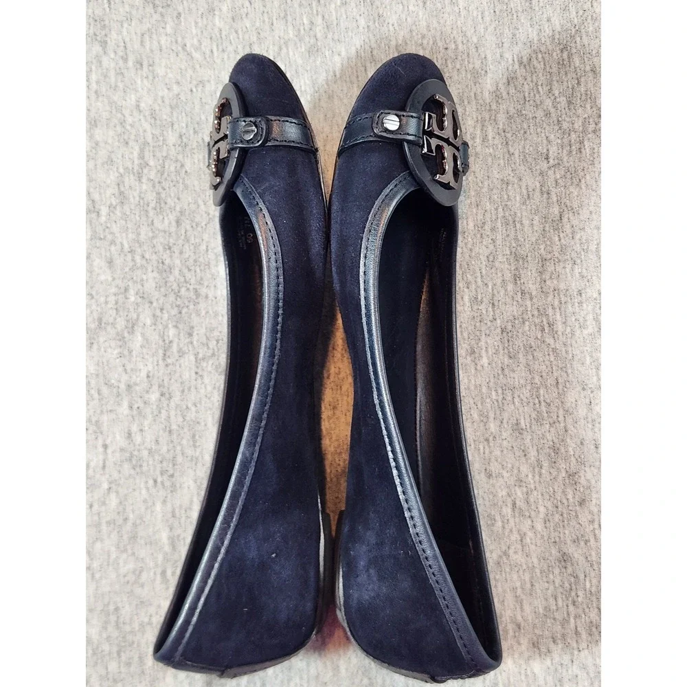 Tory Burch Reva Ballet Flats Womens 7M Navy Blue Suede Logo Medallion